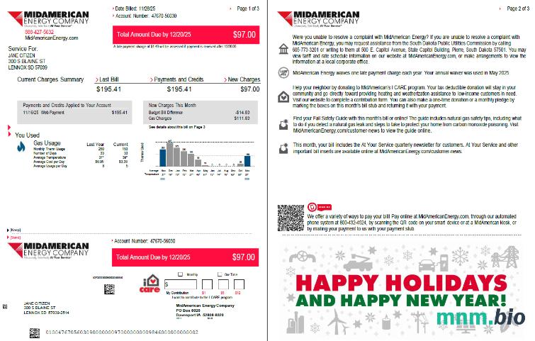 Szablon rachunku za media w USA MidAmerican Energy Firma w formatach Word i PDF, 3 strony, 1-2 strony